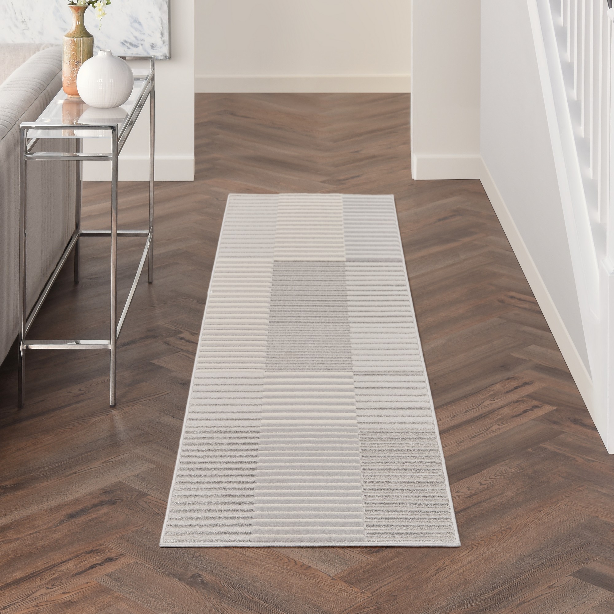 Brushstrokes Bsk04 Stripe Runner Rug By Nourison In Silver Grey